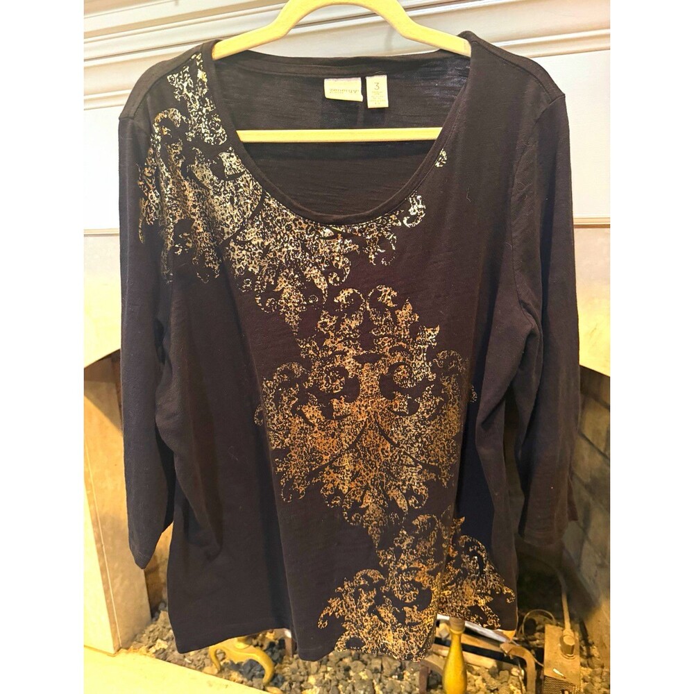 Zenergy By Chico’s Black/Gold Floral Glitter Scoop Neck Long Sleeve Top XL (3)